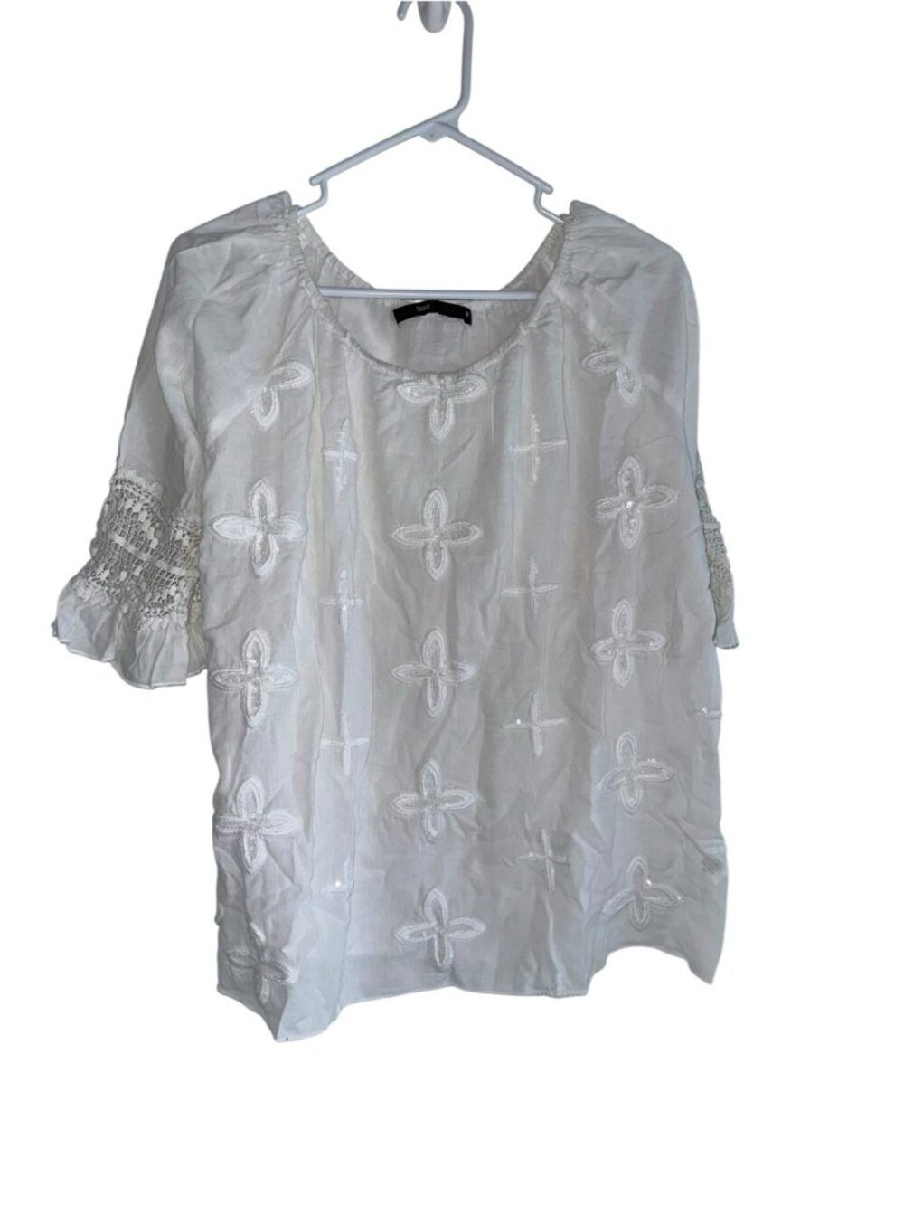 Hazel Womens Cotton Peasant Top Sz M White Sequins Crochet Boho 3/4 Bell Sleeve
